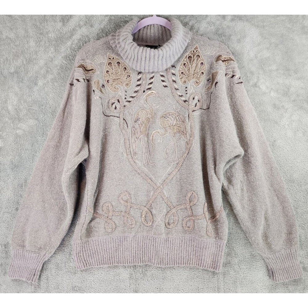 Richard Martin Sweater Womens Small Purple Stork Embroidered Vintage Cowl Neck